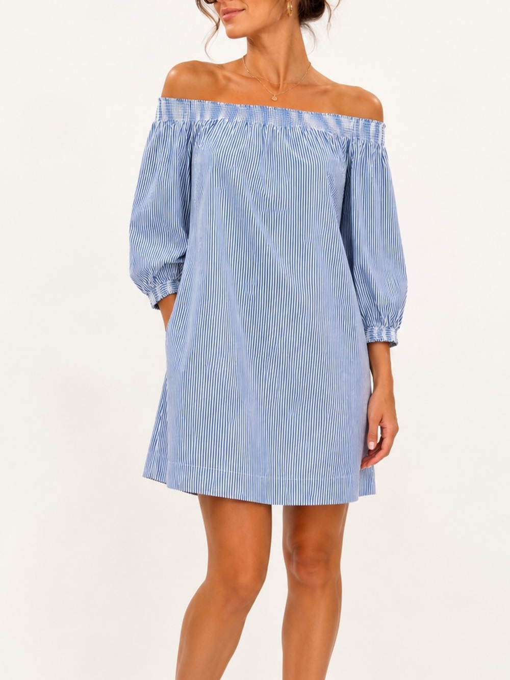 Trina Turk Blue & White Striped Off-Shoulder‎ Mini Dress